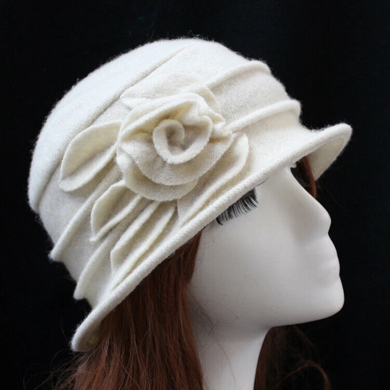 Mujeres 1920 Look Lana Tejido Gorro Gorro Boina Cálido Floral Gorra Cubo Invierno Sombrero Foto 3 de 4