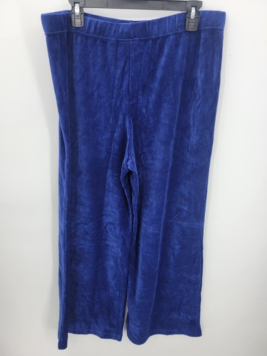 Quacker Factory Pants Womens Large Blue Velvet Pull On Wide Leg Flowy Boho Party - Picture 2 of 9