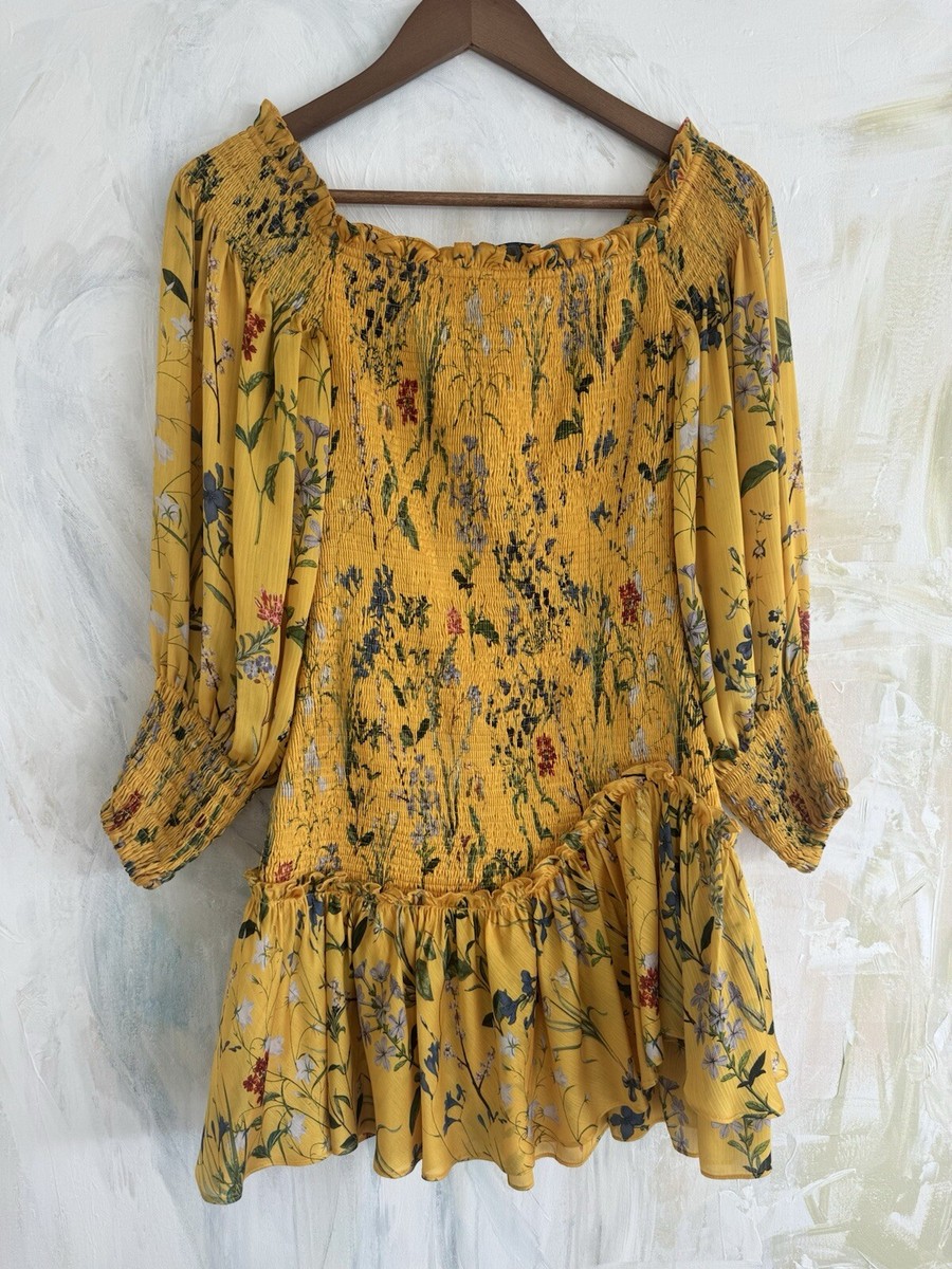Alexis Yellow Floral Printed Off The Shoulder Smocked Mini Dress sz XS  Summer | eBay