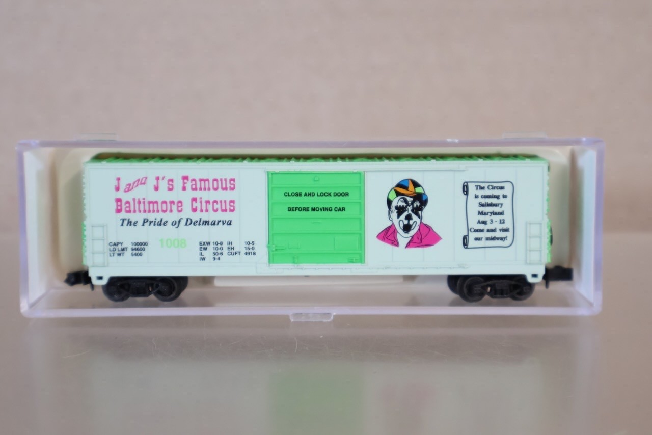 BEV-BEL 10049 N GAUGE J & J's BALTIMORE CIRCUS CLOWN EVANS 50' BOX CAR WAGON op