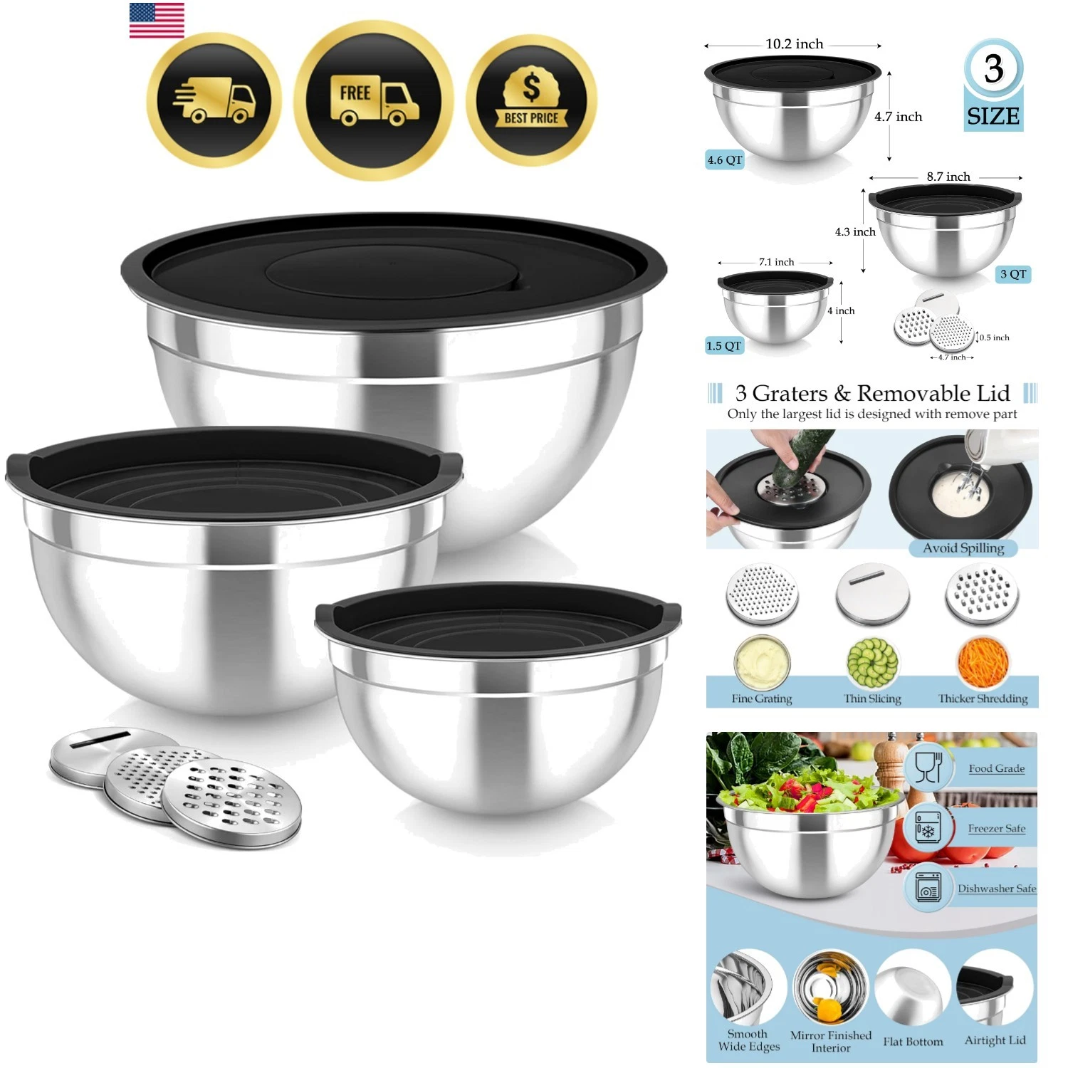 Mixing Bowls, Stainless Steel Nesting Salad Bowls with Lids Set of 3 & 3 Grat...