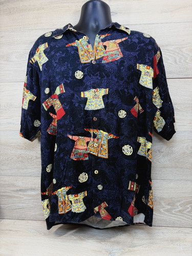 Citron Santa Monica Men's Black Chinese Tuan Shou Longevity Emblem Silk Shirt M*