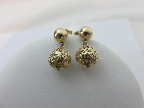 Vintage Dangle Earrings 14K Yellow Gold Filigree Ball Posts .75" 3.3 grams
