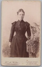 Victorian Woman in High Collar Embroidered Dress, Torquay England, c1890s CDV