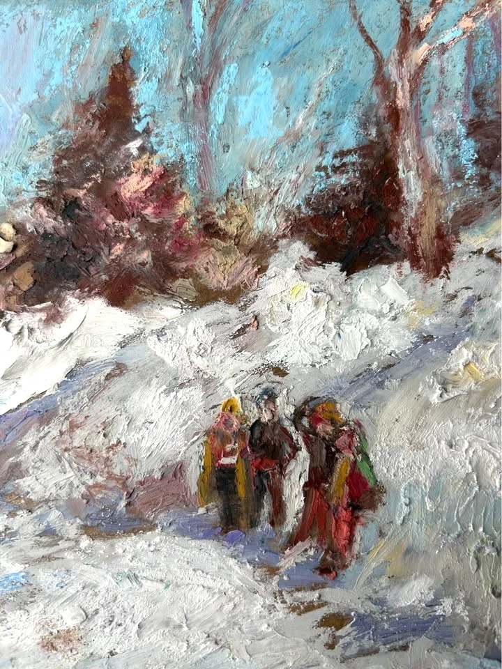 Arte de paisaje de invierno pintado a mano, niños en la nieve, pintura firmada de Navidad Foto 4 de 4