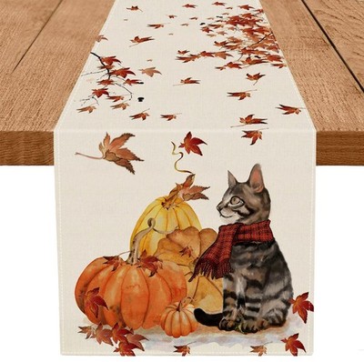 Fall Table Runner Pumpkins Cat Maple Leaf Autumn Harvest Seasonal Thanksgivin...