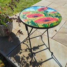 Outdoor Bistro Table Glass Top Decorative Round Poppies Garden 56cm x 30cm Metal