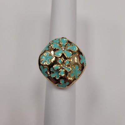 TJ Fallon Gold Plated Blue Enamel Floral Ring  Size 8.25 statement piece