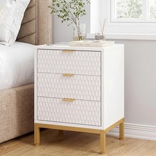 Image of 3 Drawers Nightstand Modern Gold White Bedside Table with Storage for Bedroom