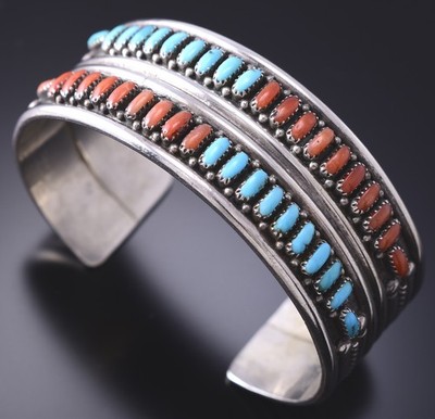 Vintage Silver & Turquoise w/ Coral Petit Point Bracelet 6E14Q