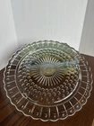 Vintage Federal Glass Co Footed Cake Plate Clear Dots Panels Sunburst 11 3/8"