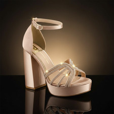 Champagne Rhinestone Bridal Sandals Platform Block Heel Womens Wedding Prom Shoe