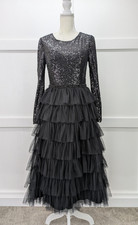 IEENA Mac Duggal J756 Ruffle Tiered Midi Dress Women's Size 4 Black READ