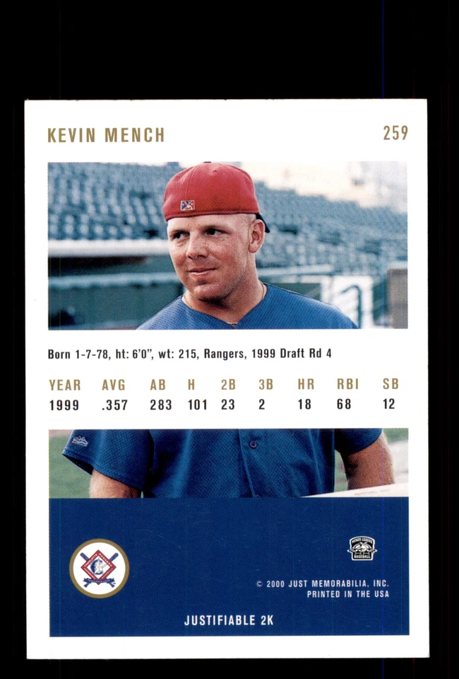 Signed Baseball Card Auto Kevin Mench 2000 Just #259 Charlotte Rangers Gold - Image 2 of 2