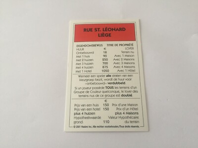 MONOPOLYKARTE 2001 FRANZÖSISCH NIEDERLÄNDISCH EIGENTUM RUE ST LEONARD LIEGE