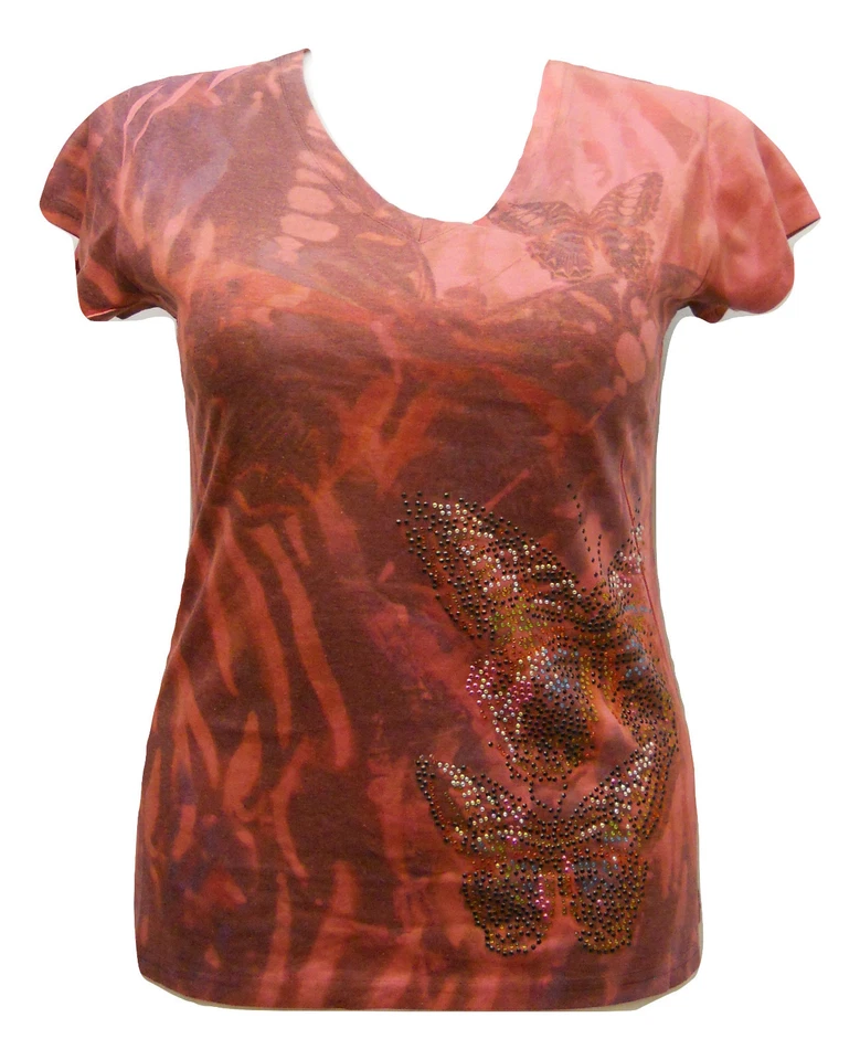 Top Takoni Damas Mujeres Cuello en V Manga Corta Rojo Mariposa Tatuaje Estampado Talla 1XL Foto 2 de 4