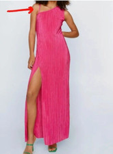 Nasty Gal Fuschia Plisse Side Split One Shoulder Detail Midi Dress Size UK 12 L