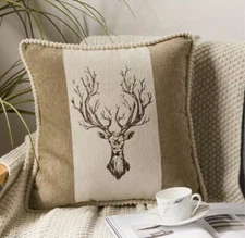 EMBROIDERED DEER STAG ELK EUROPEAN HUNTING LODGE CABIN LAKE THROW PILLOW COVER