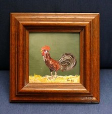 Hahn, älteres Ölbild/Platte, Miniatur, Unikat, signiert, gerahmt, Ostern