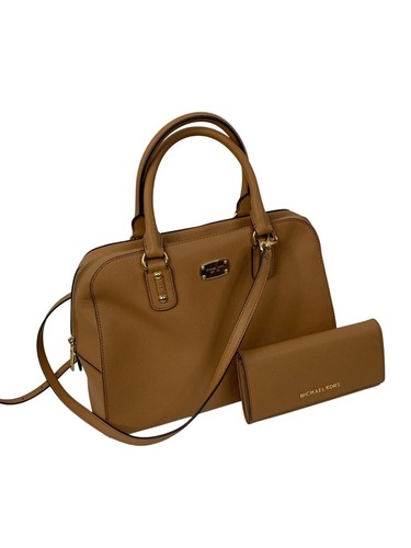 Ensemble sacoche et portefeuille Michael Kors marron en cuir Saffiano matériel doré 8776 excellent état - Photo 1/7
