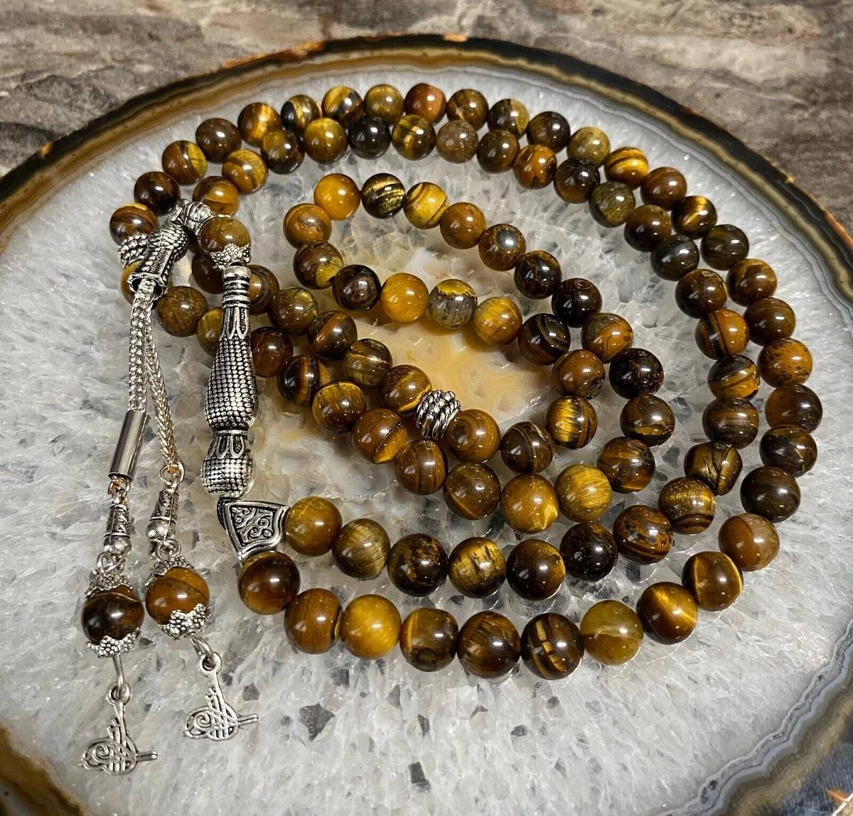REAL Tiger s Eye Stone Islamic Prayer 99 beads Tasbih Misbaha Tasbeeh 8mm BIG