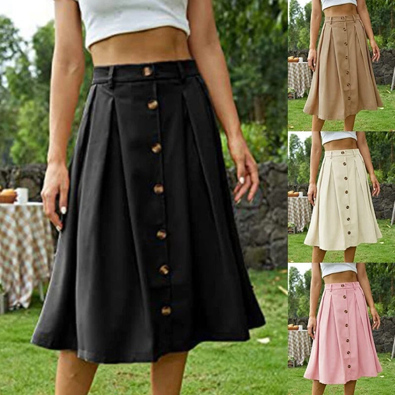 Women Midi Skirt High Waist Skirts Ladies Pleated Summer Swing