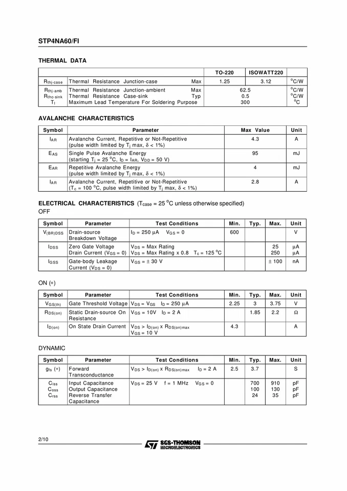 (PKG of 10) STP4NA60 N-Channel Power MOSFET, 600V, 4.3A, ST, TO-220 - Image 4 of 4