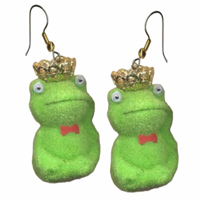 Fuzzy FROG PRINCE w/Crown EARRINGS Funny Princess Toad Kiss Charms Funky Jewelry