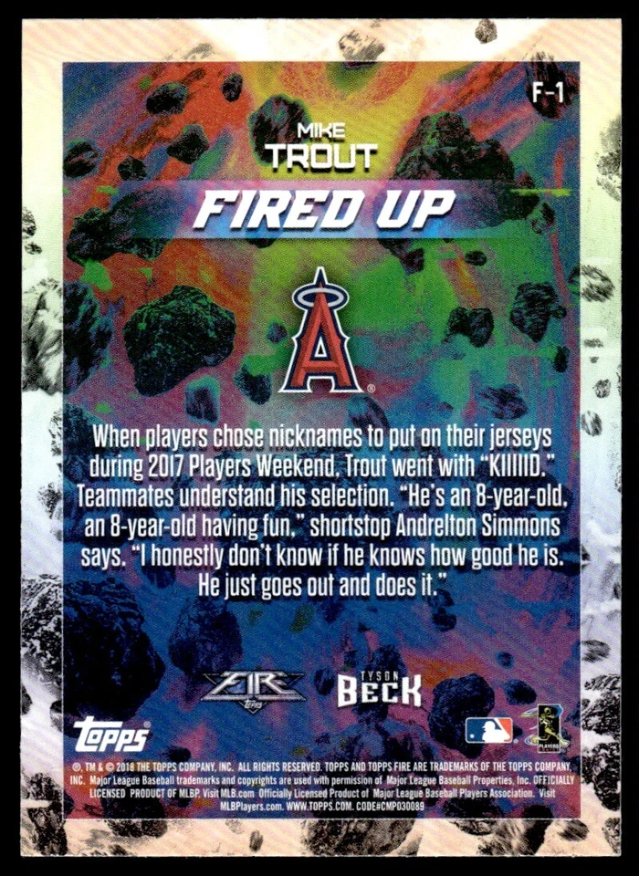 2018 Topps Fire Fired Up Mike Trout Los Angeles Angels #F-1 R42 - Image 2 of 2