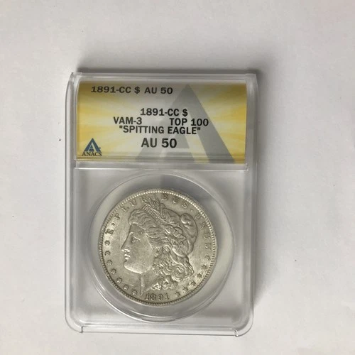 1891-CC Morgan Dollar ANACS AU 50 VAM-3 Spitting Eagle Carson City Mint