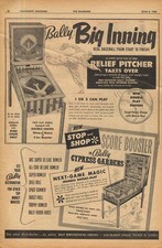 Bally Big Inning Baseball & Cypress Gardens Pinball Machines ad 1958