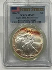 2006 W BURNISHED SILVER EAGLE PCGS MS69 20TH ANNIVERSARY F S LABEL --RED TONING