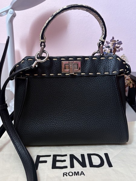FENDI Peekaboo Selleria 1925 Black Pebbled Leather Handbag
