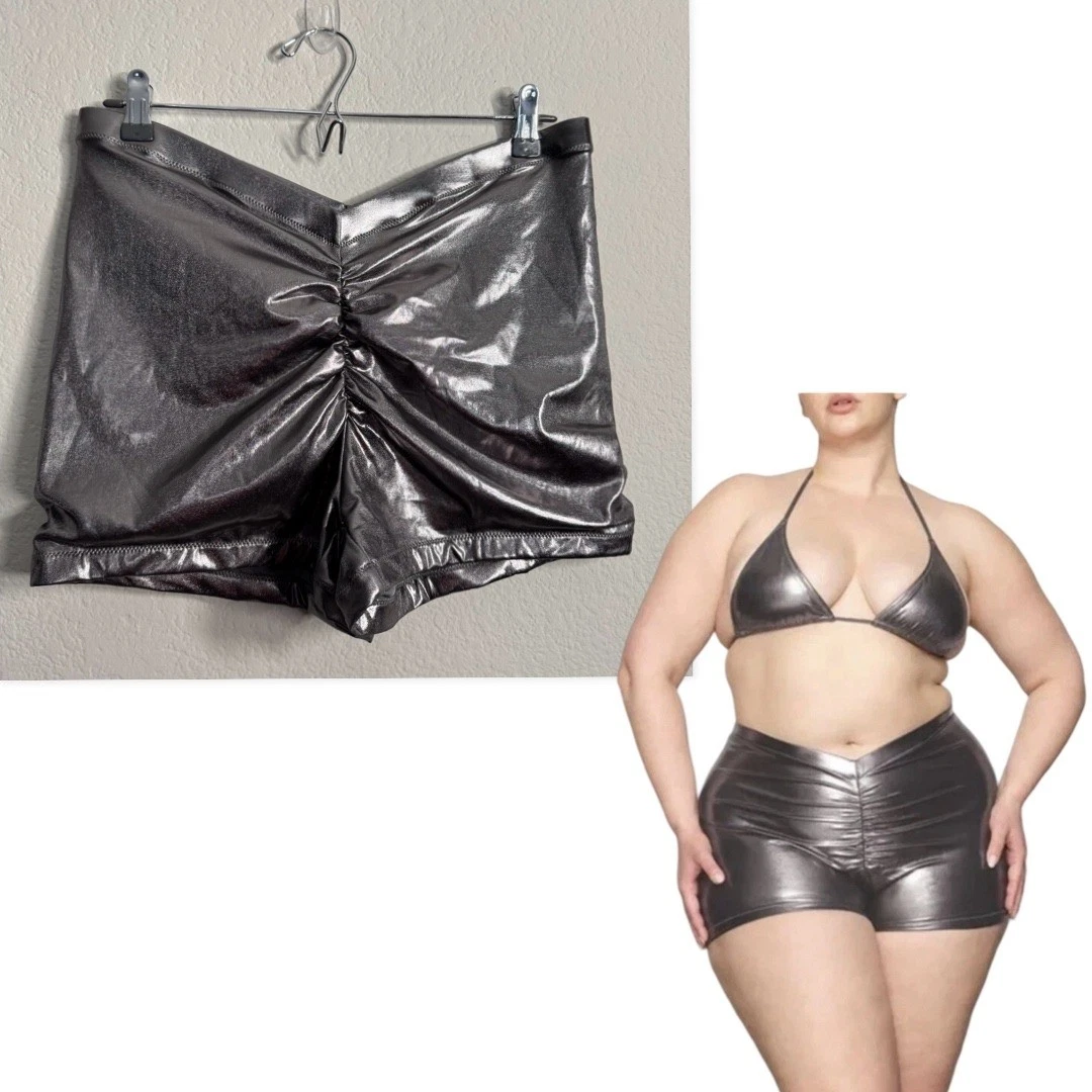 SKIMS Metallic V-Waist Swim Shorts XL Silver Ruched High Waist Shorts Resortwear