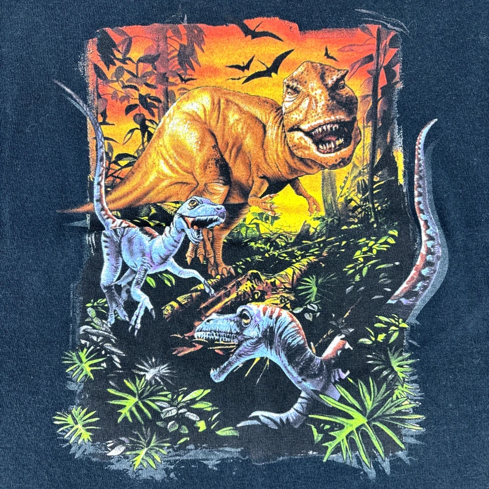 Y2K Dinosaur Youth Small Boys T Shirt Vintage T Rex Raptors Nature Cotton Black - Image 3 of 4