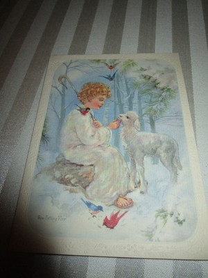 VINTAGE HARRY DOEHIA COMPANY BY ROSE KERR CHRISTMAS CARD BOY & LAMB BIRDS