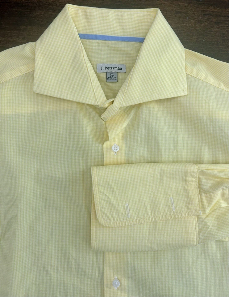 Camisa de vestir J. Peterman para hombre manga larga con botones de guinga 17/36 amarilla Foto 4 de 4