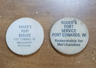 Vintage Wooden Nickel Lot 2 Roger s Port Service Port Edwards WI Token