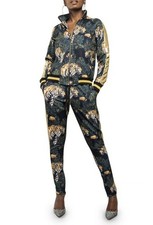 Victorious Jungle Floral Tiger 2 Pcs Tracksuit Set Black Gold Trim Size XL NWOT