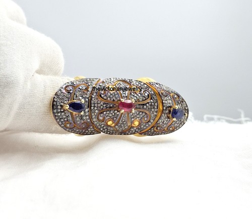 Ruby Sapphire Pave Diamond 925 Sterling Silver Antique Ring Jewelry For Wedding - Picture 7 of 9