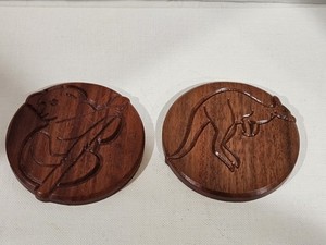 Outback Originals ~2 Hand Carved ~ Wood Coasters ~ 1 Koala ~ 1 Kangaroo