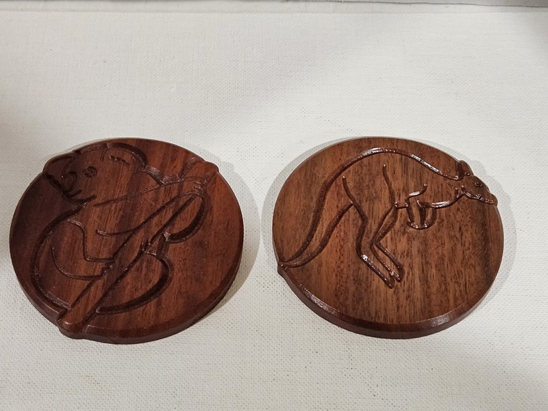 Outback Originals ~2 Hand Carved ~ Wood Coasters ~ 1 Koala ~ 1 Kangaroo