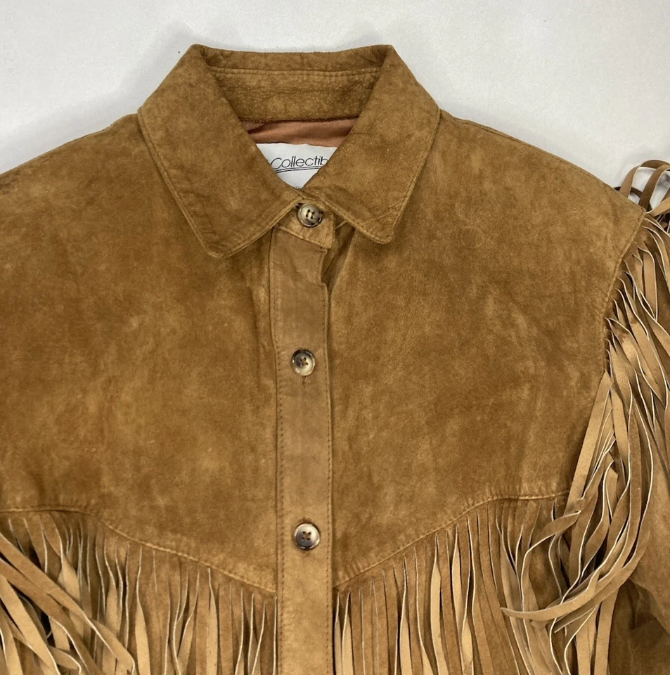 Chaqueta con flecos de cuero gamuza vintage JH Collectibles para mujer talla 10 marrón años 90 Foto 3 de 4