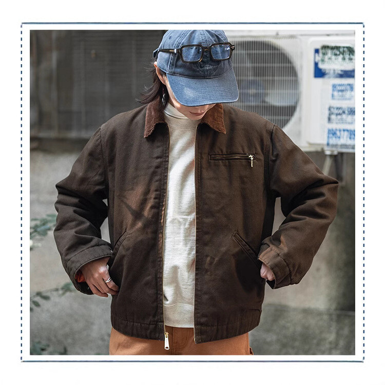 Retro Jacket Short Canvas Workwear Jacket Mens Casual Zipper