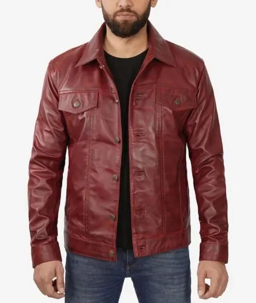 Motorcycle Maroon Trucker Sheepskin Leather Biker Jacket For Men