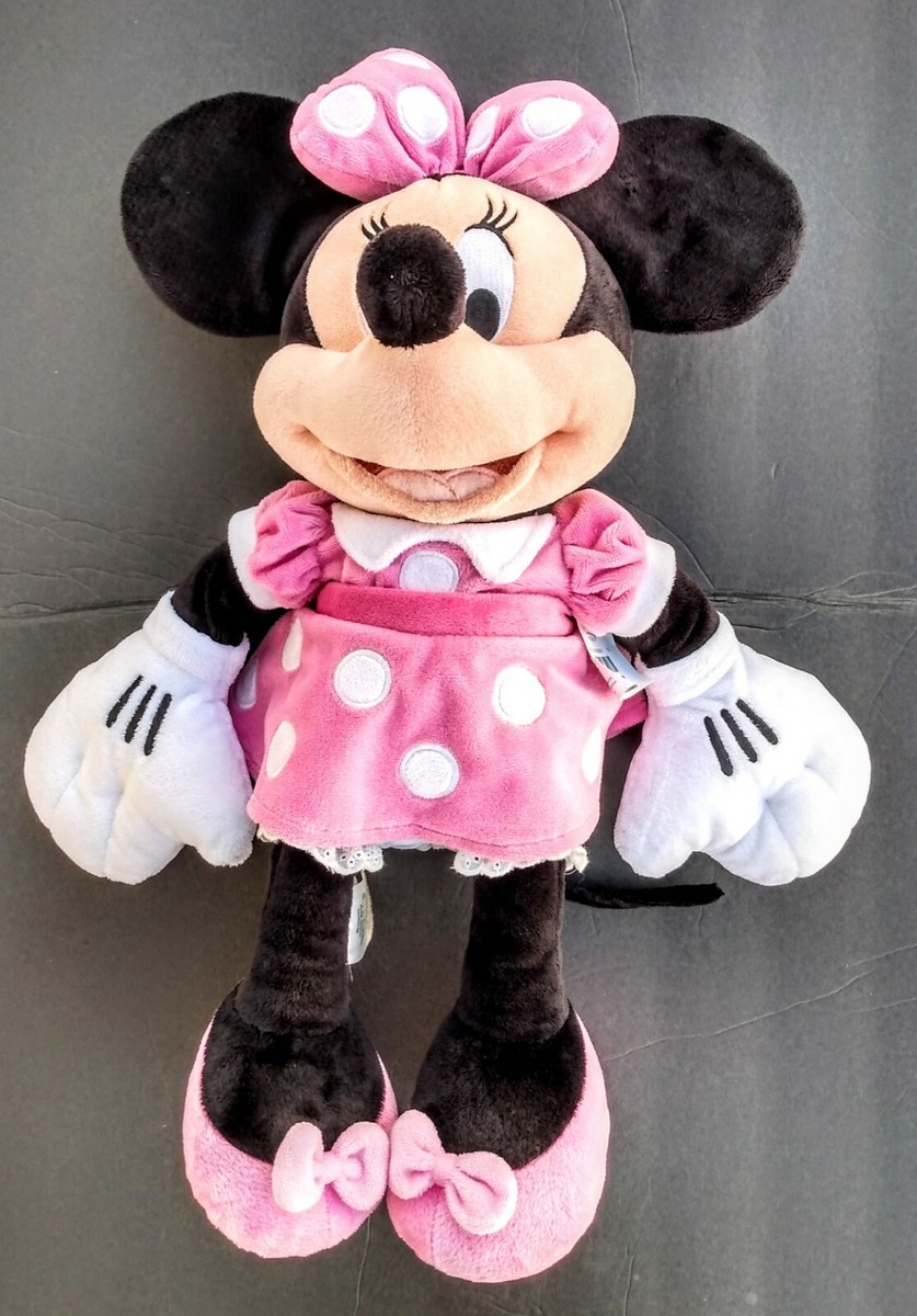 minnie mouse in pink polka dot dress A cartoon illustration of Minnie Mouse wearing a pink polka dot dress and a pink bow, smiling on a colorful pastel background. on Craiyon