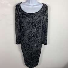Express Womens Dress Sz M Gray Black Floral Long Sleeve Scoop Neck Knit 