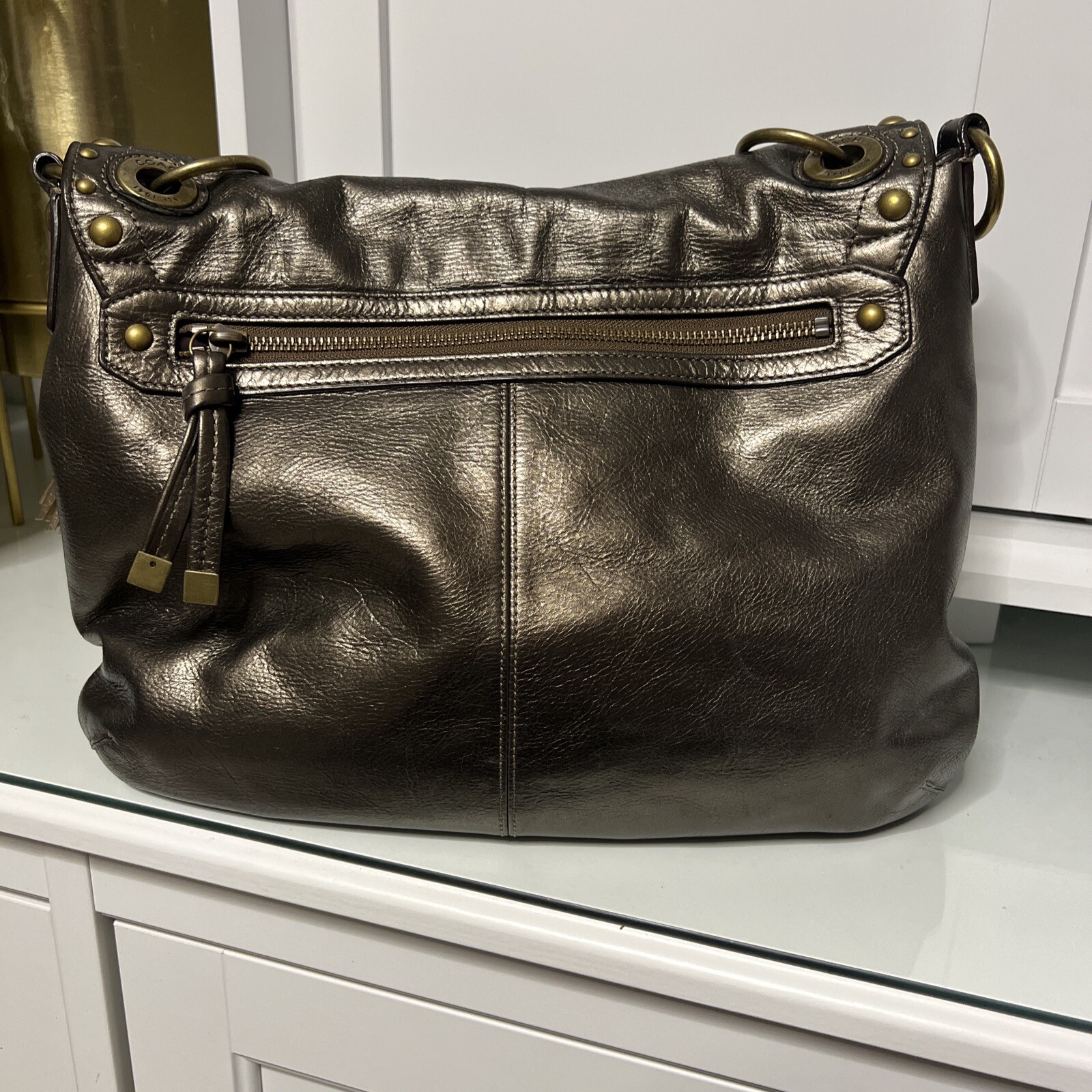 Coach Metallic Gold Fold over Messenger Studded Cross… Gem