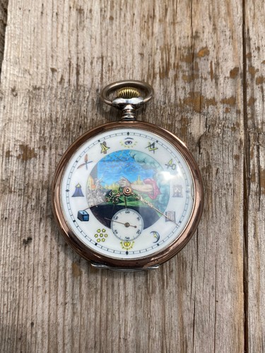 Antique Rare Masonic Simbols Revue Swiss 0.800 Silver Gold Pocket Watch with Box - Picture 3 of 12
