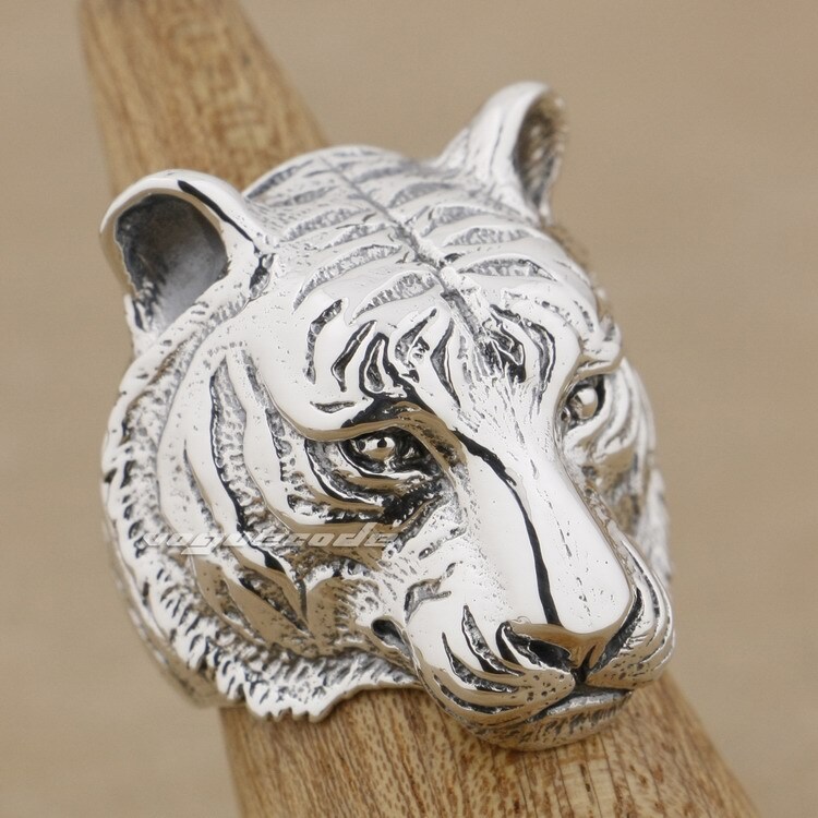 LINSION 925 Sterling Silver Tiger Ring For Men - High Detail Biker Punk Ring, Size 7-15 - View #10